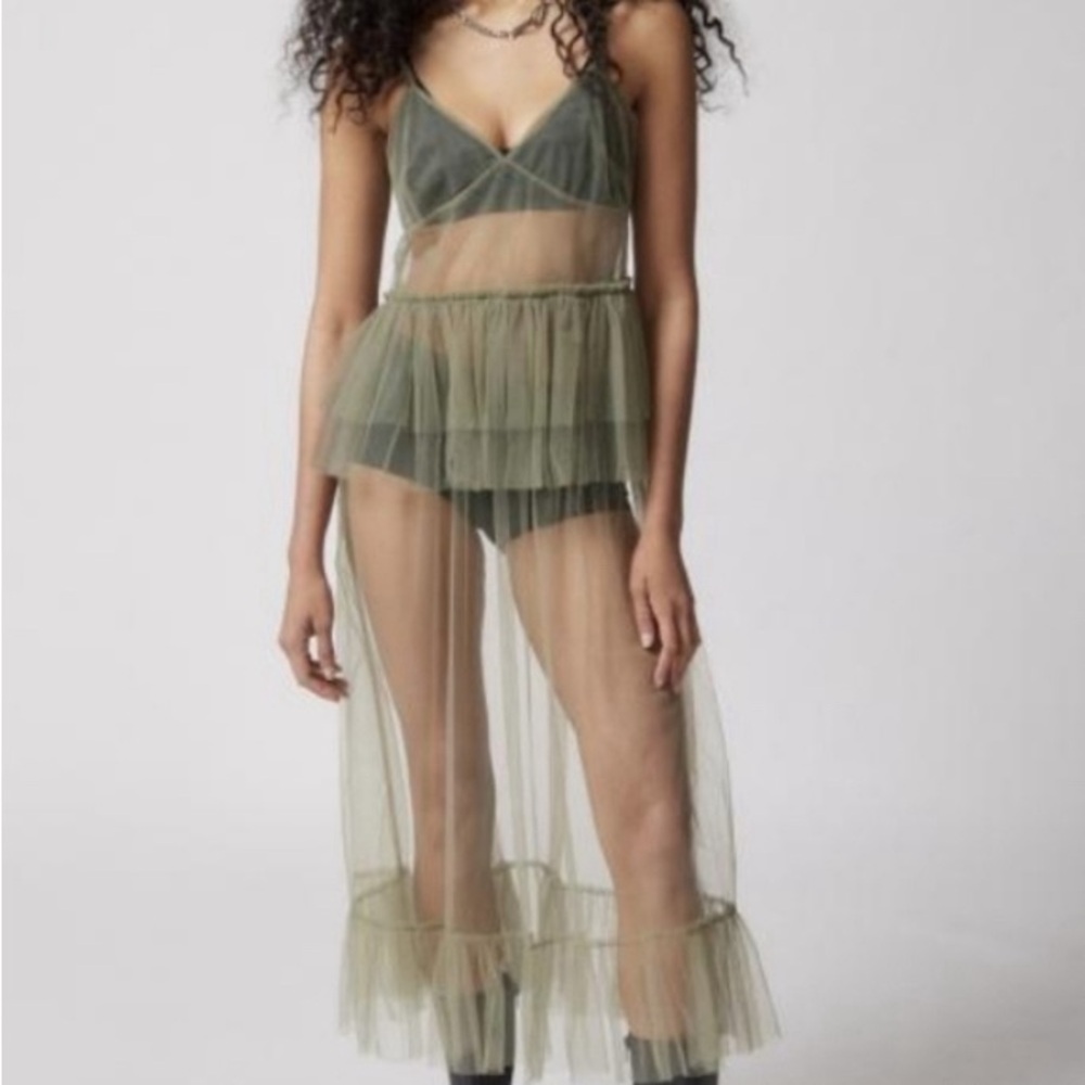 uo aida green sheer mesh midi dress